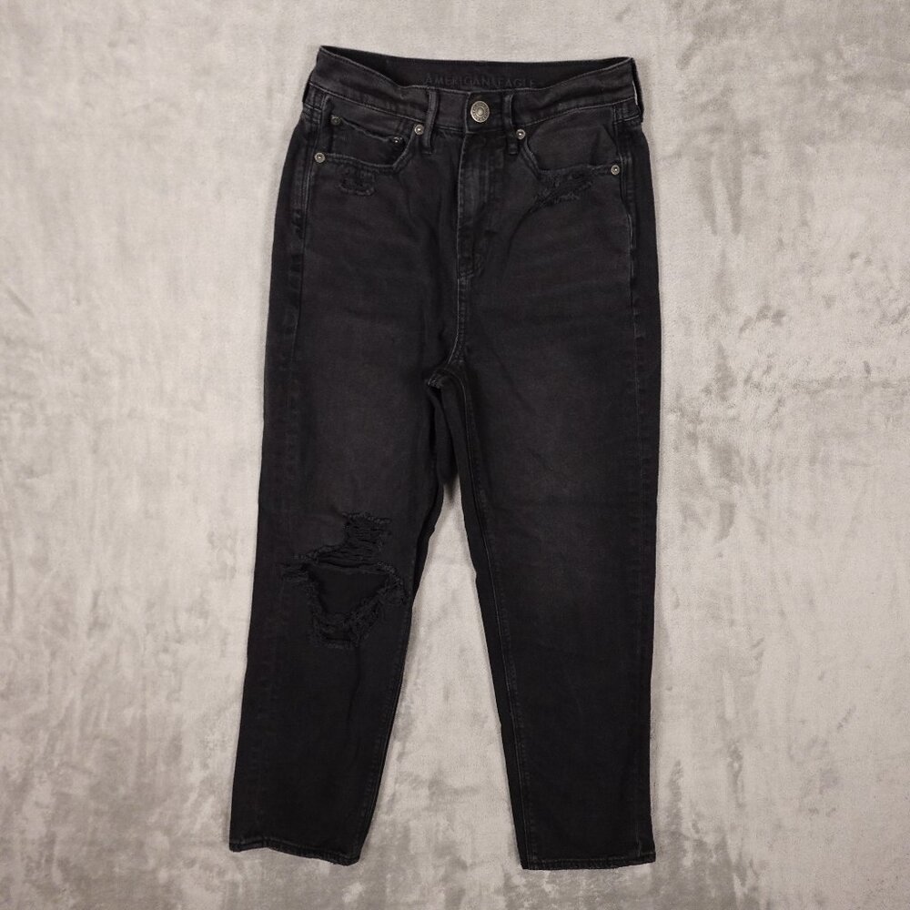 American Eagle Highest Rise Mom Jeans Women’s Size 4 Black Distressed Denim